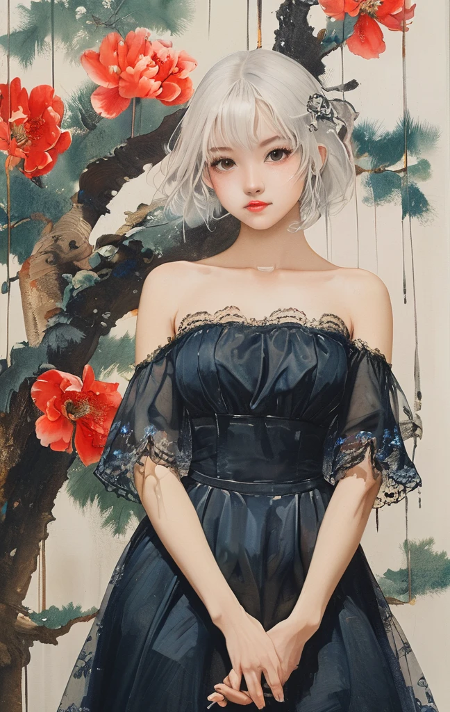 On a bright red campus"YES"Character、((Create), (top quality, masterpiece, outstanding work of art), (one young girl - 18 years old, nude, full growth, white hair, white skin, scarlet lips-smile; black, expressive playful eyes, long eyelashes), (black translucent - chiffon dress, gold line, very short peignoir dress), (very sexy body, seductive body, small beautiful breasts, genitals), (calm relaxed pose, hair fluttering in the wind, half turn, look at the viewer, stylish girl model)). ((Quality oil painting, outstanding craftsmanship, oil painting done by the hand of a master), (daylight, soft warm shadows, contrasting cold light, reflexes, refraction, tracing)). ((background - stunning blooming irises; (purple, yellow, blue, white), (petals, shoots)).((Highest quality workmanship, realism, oil painting, modern brushwork, master's hand, clear correct anatomy, grace, simplicity performance), (HD quality, clear focus)).