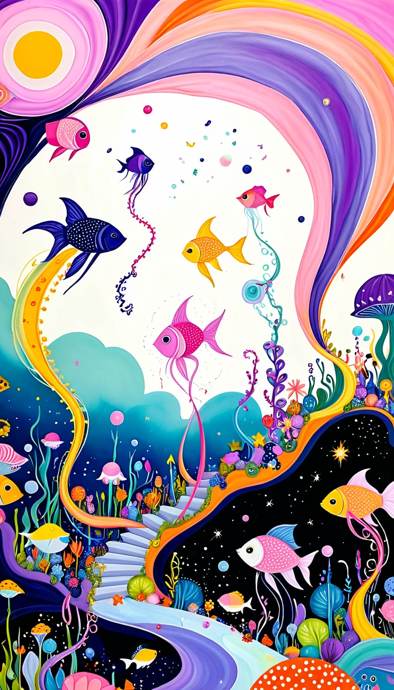 "Dick Ellescas Artist Style",Fairy tale world:章fish热气球,Tentacles瀑布,Starry Sky、粉色美人fish、fish、Tentacles、bird、Eye、Bubble Squeeze、autistic patient、diatom,Spiral Staircase,Stitching together an abstract painting,Describing the inner world of autistic people,Sense of space,White Space,interesting,Innocence,Psychedelic Art,Pink theme,Bold contrasts,Purple and Orange