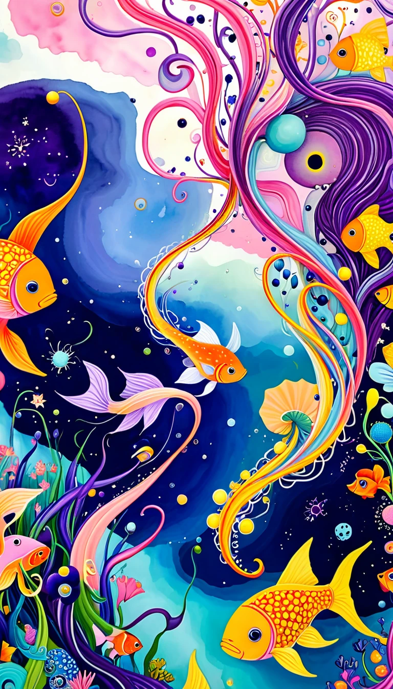 "Dick Ellescas Artist Style",Fairy tale world:章fish热气球,Tentacles瀑布,Starry Sky、粉色美人fish、fish、Tentacles、bird、Eye、Bubble Squeeze、autistic patient、diatom,Spiral Staircase,Stitching together an abstract painting,Describing the inner world of autistic people,Sense of space,White Space,interesting,Innocence,Psychedelic Art,Pink theme,Bold contrasts,Purple and Orange