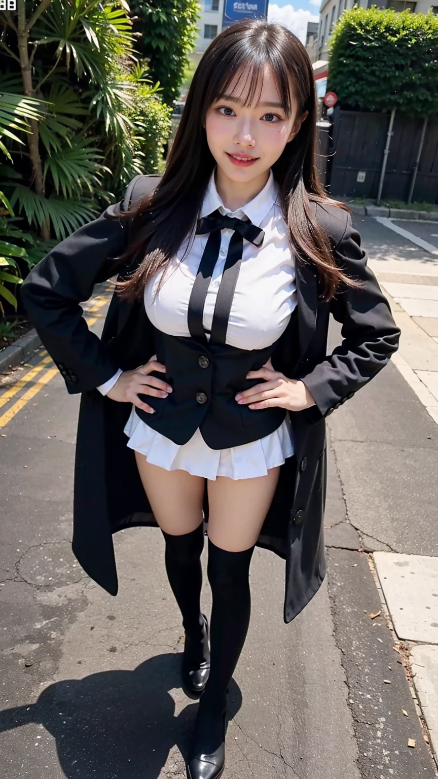 (8K、RAW Photos、Highest quality、masterpiece:1.2)、(Highest quality、Realistic)、1 Girl、((Black coat、Big Breasts、Breast enlargement、smile、tights、black and white mini skirt、Thin legs、whole body、boots、garden、View from the front、Looking into the camera、Idol Costume、Stand with hands on hips))、cute