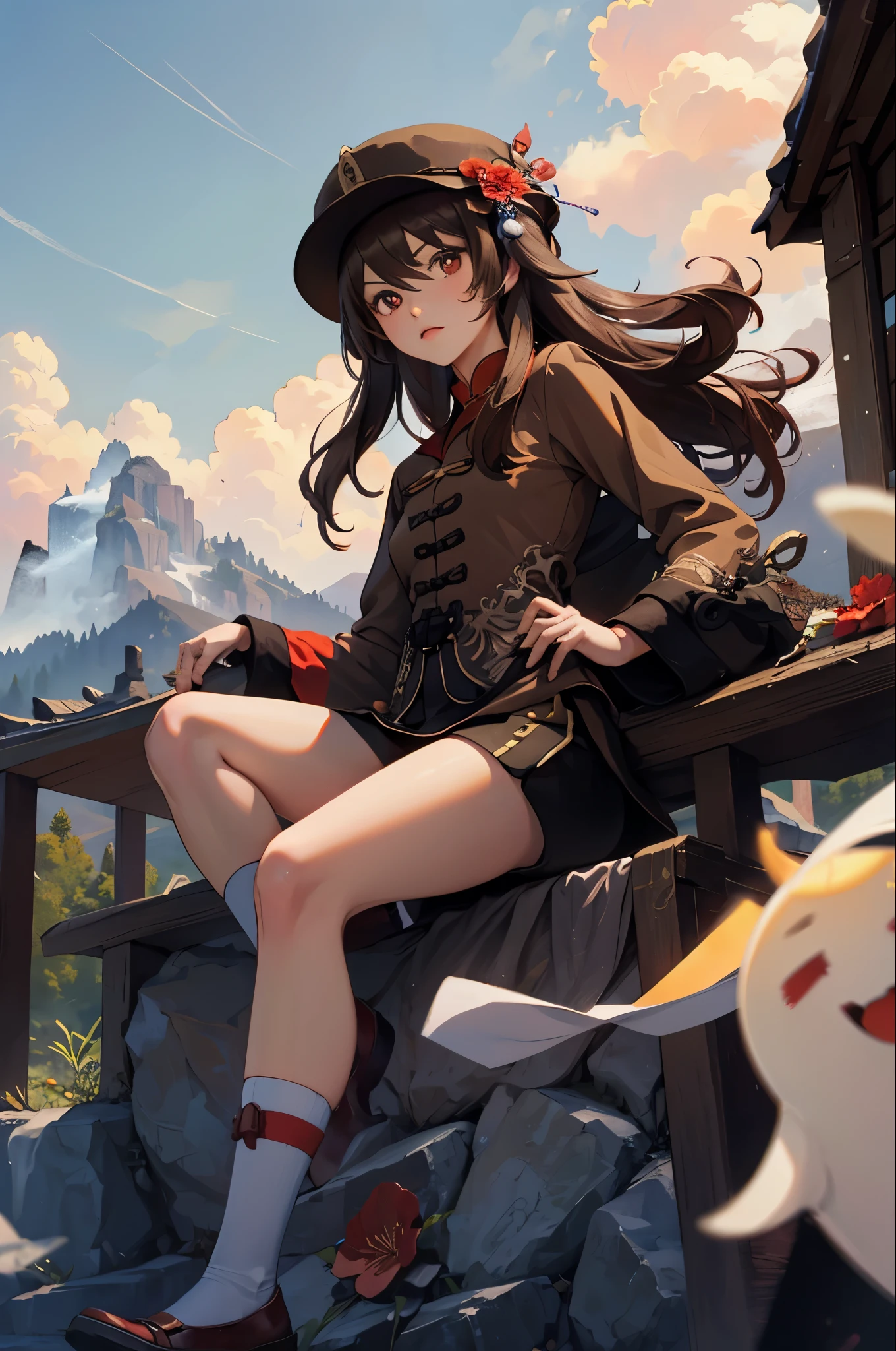 1 girl solo, brown jacket, long brown hair, red eyes, brown hat with red flowers, in a small medieval chinese town, old chinese buildings, mountains far on background, chinese temple