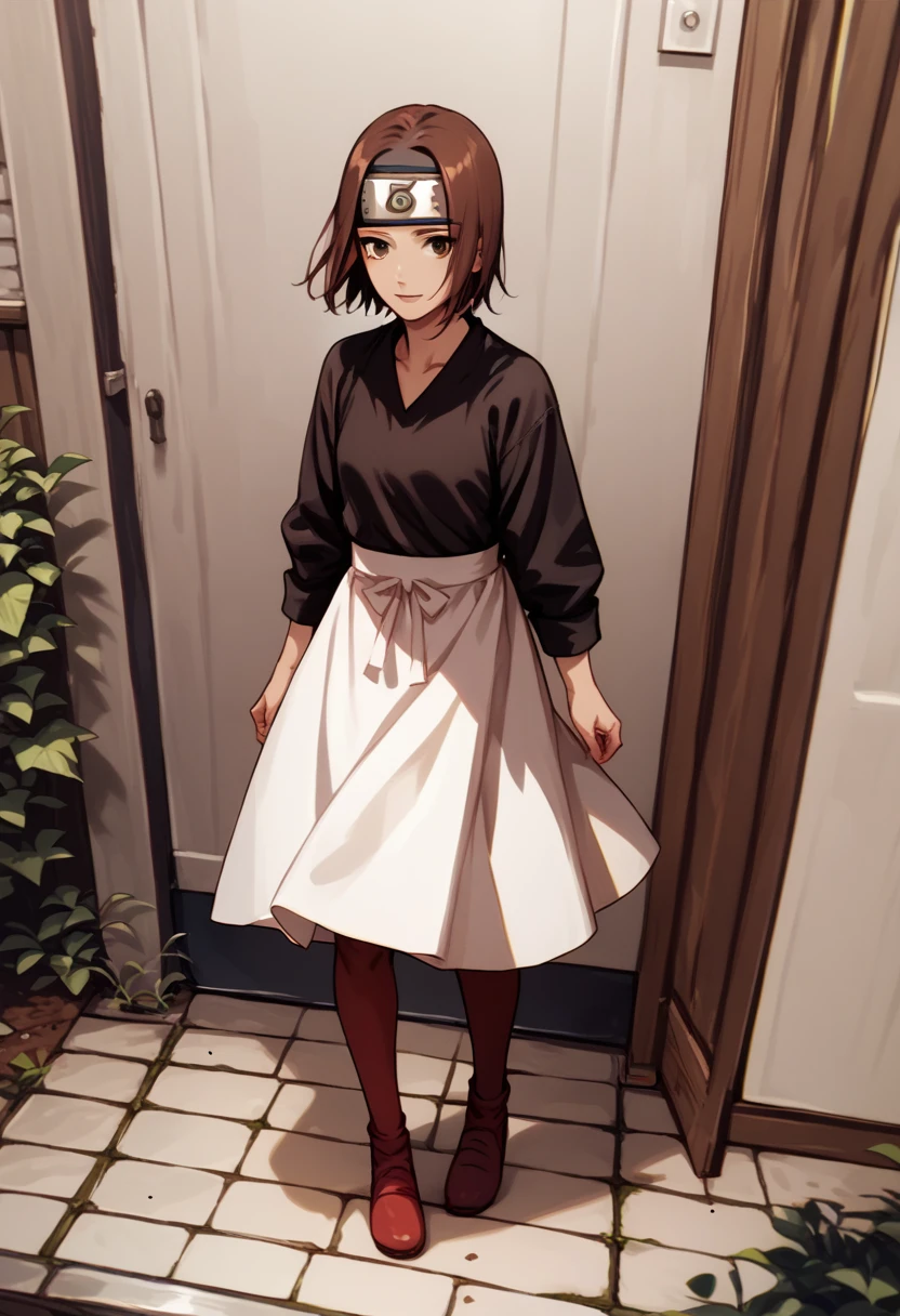 score_9, score_8_up, score_7_up, source_anime, 1girl, nohara rin, short hair, brown hair, brown eyes, purple facial mark, black shirt, long sleeves, white apron, black shorts, forehead protector, red thighhighs, full body