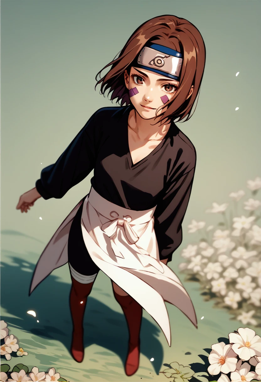 score_9, score_8_up, score_7_up, source_anime, 1girl, nohara rin, short hair, brown hair, brown eyes, purple facial mark, black shirt, long sleeves, white apron, black shorts, forehead protector, red thighhighs, full body