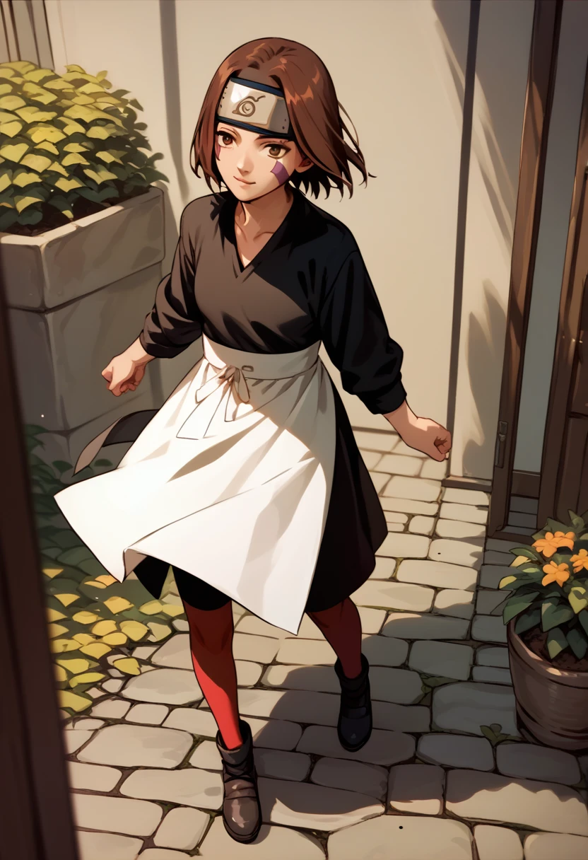 score_9, score_8_up, score_7_up, source_anime, 1girl, nohara rin, short hair, brown hair, brown eyes, purple facial mark, black shirt, long sleeves, white apron, black shorts, forehead protector, red thighhighs, full body