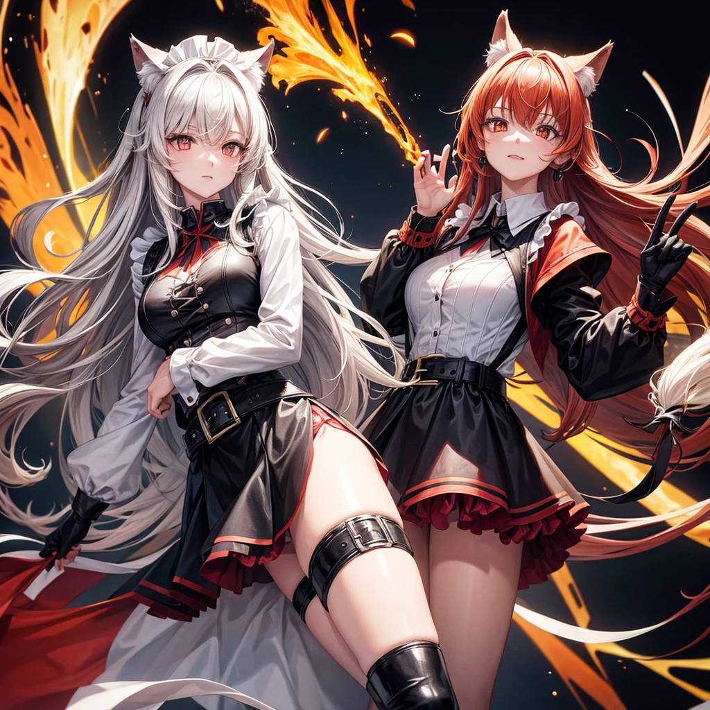 Female wolf alone with no one with her, wears a black maid outfit with a short black maid skirt with red ruffles, has long fluffy blonde hair with a red streak, He has red-orange eyes, wears black boots, and wears a belt with a black buckle.