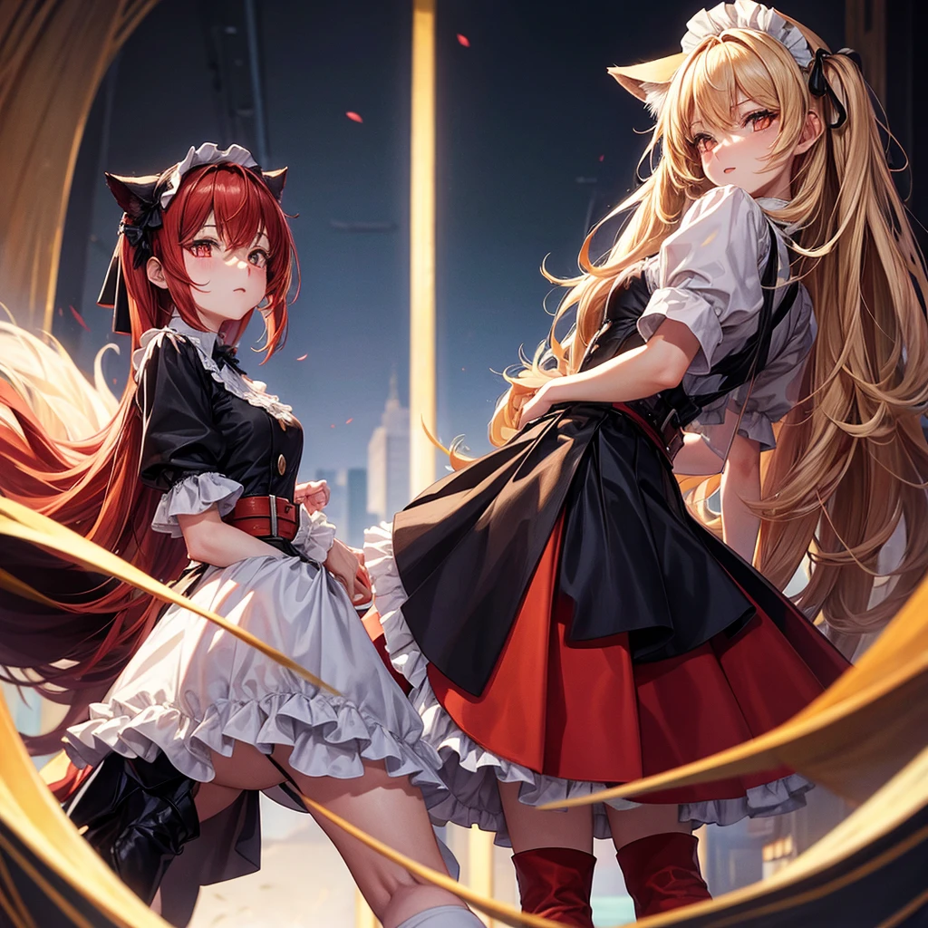 Female wolf alone with no one with her, wears a black maid outfit with a short black maid skirt with red ruffles, has long fluffy blonde hair with a red streak, He has red-orange eyes, wears black boots, and wears a belt with a black buckle.