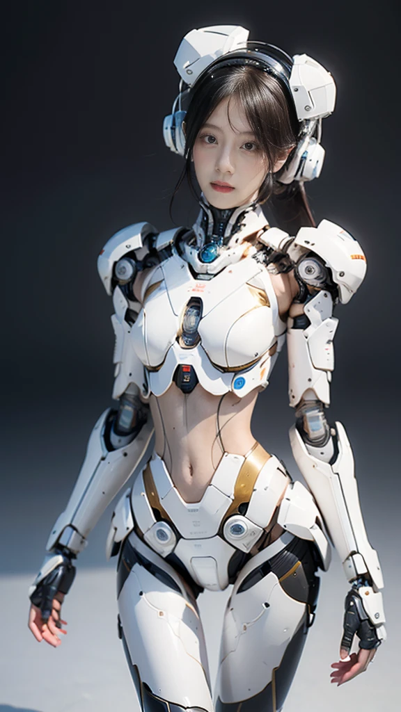 {{best quality, 1080P, Masterpiece, Ultra high resolution, photorealistic, ultra realism, Realistic skin texture, Extreme skin detail, dslr, Detailed eyes, Facing the camera, very beautiful face, Concise facial structure, Pale skin, Realistic skin texture, Extreme skin detail, oc render reflection textures, Realistic light and shadow, Single picture, alone, The body is slim and balanced., Age 20, Height 170, naked girl, Nude, no underwear, A girl with the body of a mechanical robot., Transparent futuristic black glass mech armor suit, The mechanical cervix is attached to the neck., The robot circuit is stuck in the middle of the back., flat stomach, Woman with perfect robot arms and legs, full body view, Whole body photo.}}