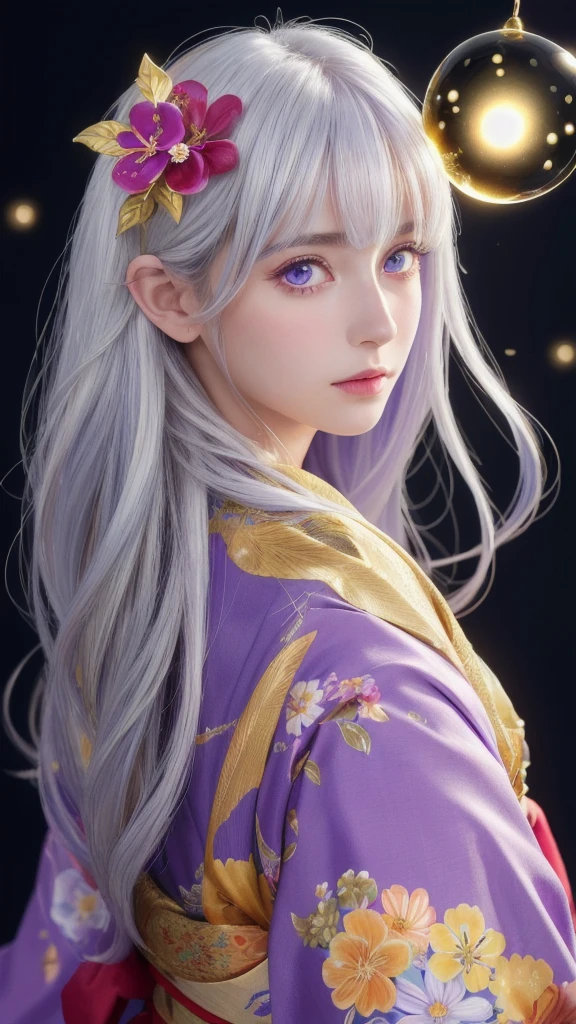 (masterpiece:1.3), (8k, photorealistic, RAW photo, highest quality:1.4), (one girl), beautiful face, (realistic face), (long hair), (silver hair, almost white hair, shiny hair, beautiful straight hair), (even bangs), (sharp bangs), straight hairstyle, realistic eyes, beautiful detailed eyes (purple eyes), (sharp eyes), (realistic skin), beautiful skin, (kimono), (magician-like kimono), (floral hair ornament), attractive, ultra high resolution, ultra realistic, highly detailed, golden ratio, colorful background, (flowers blooming), (energy dancing background), magician, facing front, facing from shoulder, looking straight ahead, holding crystal ball
