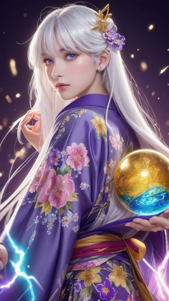 (masterpiece:1.3), (8k, photorealistic, RAW photo, highest quality:1.4), (one girl), beautiful face, (realistic face), (long hair), (silver hair, almost white hair, shiny hair, beautiful straight hair), (even bangs), (sharp bangs), straight hairstyle, realistic eyes, beautiful detailed eyes (purple eyes), (sharp eyes), (realistic skin), beautiful skin, (kimono), (magician-like kimono), (floral hair ornament), attractive, ultra high resolution, ultra realistic, highly detailed, golden ratio, colorful background, (flowers blooming), (energy dancing background), magician, facing front, facing from shoulder, looking straight ahead, holding crystal ball