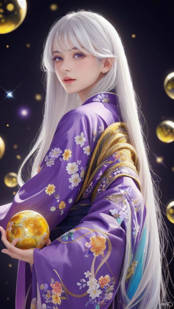 (masterpiece:1.3), (8k, photorealistic, RAW photo, highest quality:1.4), (one girl), beautiful face, (realistic face), (long hair), (silver hair, almost white hair, shiny hair, beautiful straight hair), (even bangs), (sharp bangs), straight hairstyle, realistic eyes, beautiful detailed eyes (purple eyes), (sharp eyes), (realistic skin), beautiful skin, (kimono), (magician-like kimono), (floral hair ornament), attractive, ultra high resolution, ultra realistic, highly detailed, golden ratio, colorful background, (flowers blooming), (energy dancing background), magician, facing front, facing from shoulder, looking straight ahead, holding crystal ball