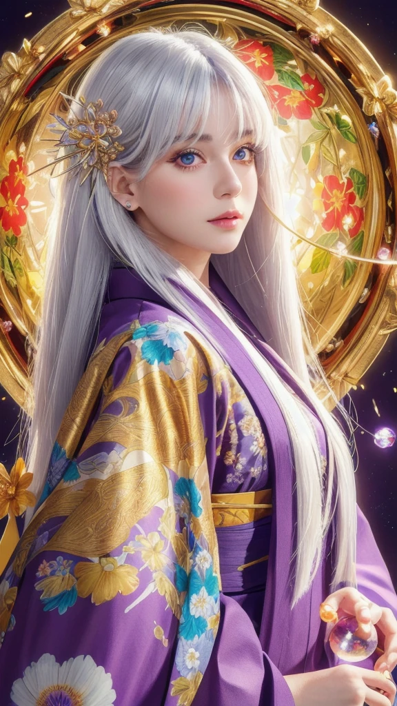 (masterpiece:1.3), (8k, photorealistic, RAW photo, highest quality:1.4), (one girl), beautiful face, (realistic face), (long hair), (silver hair, almost white hair, shiny hair, beautiful straight hair), (even bangs), (sharp bangs), straight hairstyle, realistic eyes, beautiful detailed eyes (purple eyes), (sharp eyes), (realistic skin), beautiful skin, (kimono), (magician-like kimono), (floral hair ornament), attractive, ultra high resolution, ultra realistic, highly detailed, golden ratio, colorful background, (flowers blooming), (energy dancing background), magician, facing front, facing from shoulder, looking straight ahead, holding crystal ball