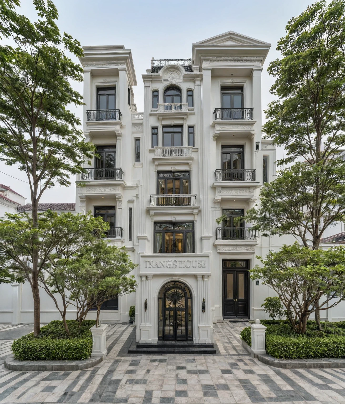 RAW photo,Neoclassical house exterior, Inspired by French architecture, neoclassical style, white, ((Very detailed sculpted moldings at the top of columns and walls)), roof French style house, townhouse in residential area, Building located in a residential area in Hanoi urban area Vietnam, white facade, gray door and gray window facing the street, black steel railing, warm yellow light, (sidewalk), (sidewalk tree), (gate), (surreal), (super detail: 1.5), clean white sky, natural light, (road architecture curl:1.2), (sharpen:1.2), 8k uhd, dslr, soft light, high quality, film grain, Fujifilm XT3