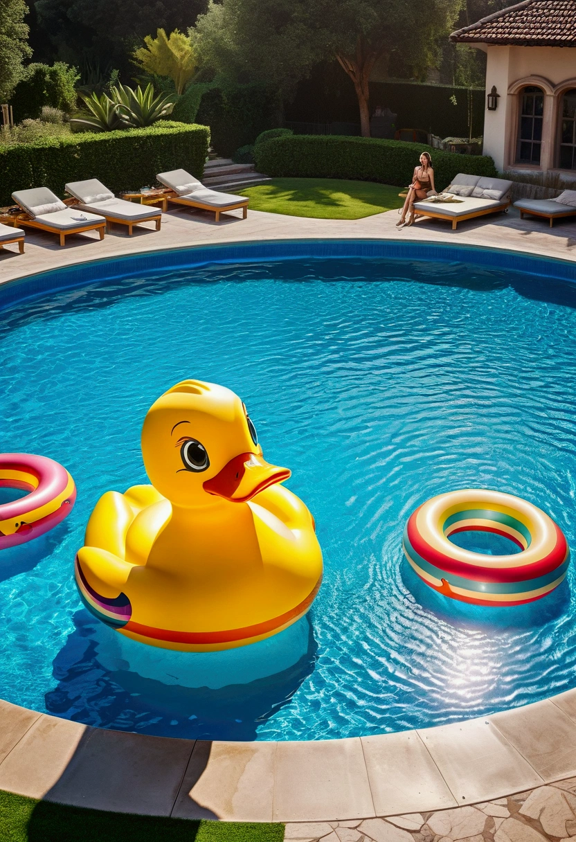 (Pool parties), Pixar style, A retro themed pool  with inflatable giant duck toys and rainbow swim rings floating in the pool, featuring 80s elements and a music DJ playing rock music, full body, (Photography), panoramic view, award-winning, cinematic still, emotional, vignette, dynamic, vivid, (masterpiece, best quality, Professional, perfect composition, very aesthetic, absurdres, ultra-detailed, intricate details:1.3)