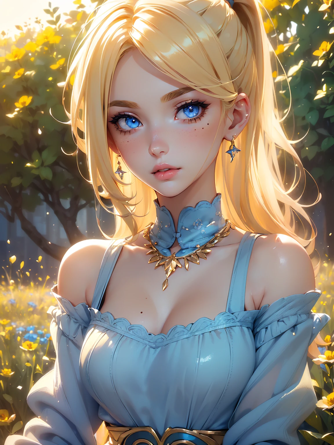 (((Blonde stunning hair))), (blue eyes), blue necklace, Golden earrings, Fit, Gorgeous Body, gorgeous, brown eyebrows, (two moles over lip), big pupils, (23 years old), 1girl,solo, complex skin, warm light, (large breasts), wide thighs, round butt, 5 fingers, ((blushing)), ((detailed face, best quality)),(beautiful detailed eyes), red lip, eyeshadow, beautiful face, long hair, very detailed eyes, intricate details in eyes, perfect lips, good lighting, ((masterpiece, Best quality, a high resolution, ultra detailed),(beautiful and aesthetically pleasing:1.2), 1 woman, high short ponytail, Beautiful, Detailed eyes and face, hot short shirt, Converse sneakers, golden hour, Field of Flowers, complex parts
