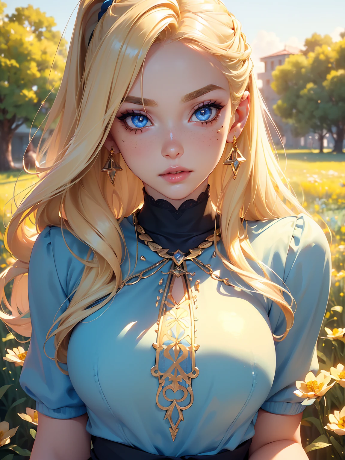 (((Blonde stunning hair))), (blue eyes), blue necklace, Golden earrings, Fit, Gorgeous Body, gorgeous, brown eyebrows, (two moles over lip), big pupils, (23 years old), 1girl,solo, complex skin, warm light, (large breasts), wide thighs, round butt, 5 fingers, ((blushing)), ((detailed face, best quality)),(beautiful detailed eyes), red lip, eyeshadow, beautiful face, long hair, very detailed eyes, intricate details in eyes, perfect lips, good lighting, ((masterpiece, Best quality, a high resolution, ultra detailed),(beautiful and aesthetically pleasing:1.2), 1 woman, high short ponytail, Beautiful, Detailed eyes and face, hot short shirt, Converse sneakers, golden hour, Field of Flowers, complex parts