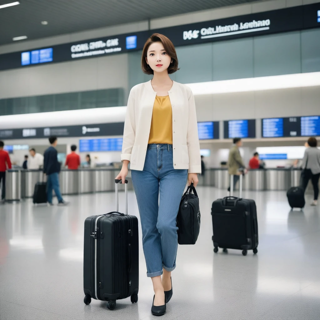 Beautiful 50s Korean woman , 32 inch chest size, Your eyes are big and pretty. Short in stature. Standing in the departure hall of the airport. . short medium hair, Standing in line at the departure hall of Frankfurt Airport, Germany. Wearing comfortable travel clothes with casual pants. .Dragging a suitcase. short medium hair, short height, Full body shot with Canon camera 16-35 wide angle lens, short medium hair. expressionless, full body shot, perfect fingers, Make the airport electronic display visible, 멀리 full body shot, I see an electronic display board, uhd