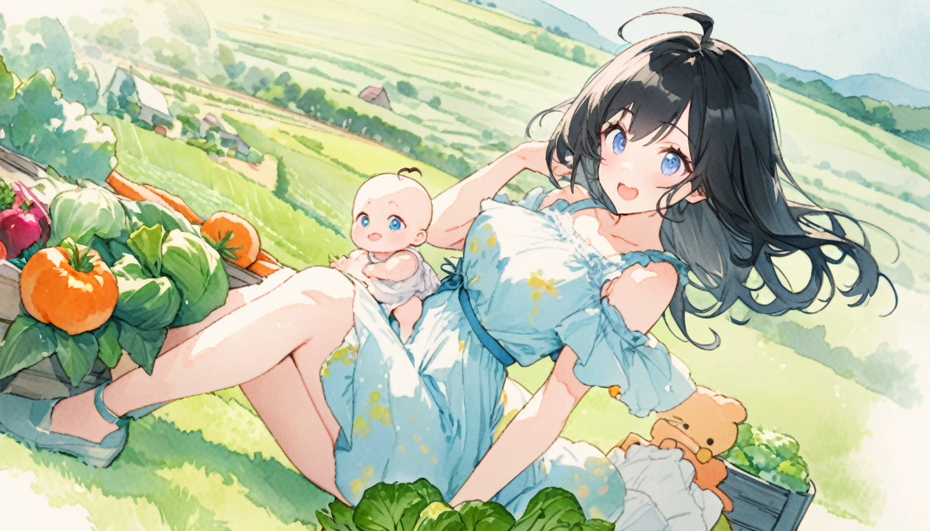 A fusion of oil and watercolor, Highest quality, Super quality, 16K, Incredibly absurd, Very detailed, delicate and dynamic, Cute Woman, Baby Face, Long black hair, Ahoge, home garden Have vegetables, Farms in the background, blue eyes, Summery outfit