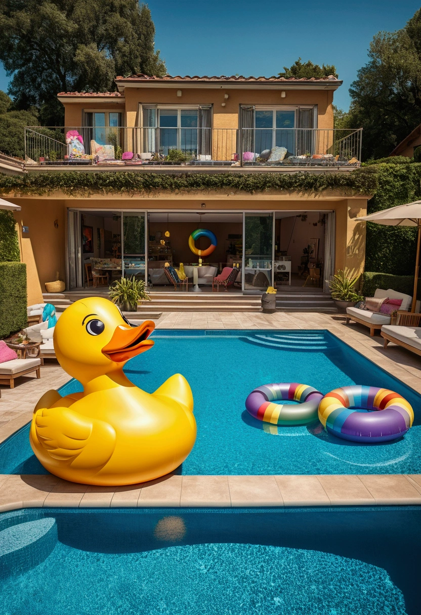 (Pool parties), Pixar style, A retro themed pool with inflatable giant duck toys and rainbow swim rings floating in the pool, featuring 80s elements and a music DJ playing rock music, full body, (Photography), panoramic view, award-winning, cinematic still, emotional, vignette, dynamic, vivid, (masterpiece, best quality, Professional, perfect composition, very aesthetic, absurdres, ultra-detailed, intricate details:1.3)