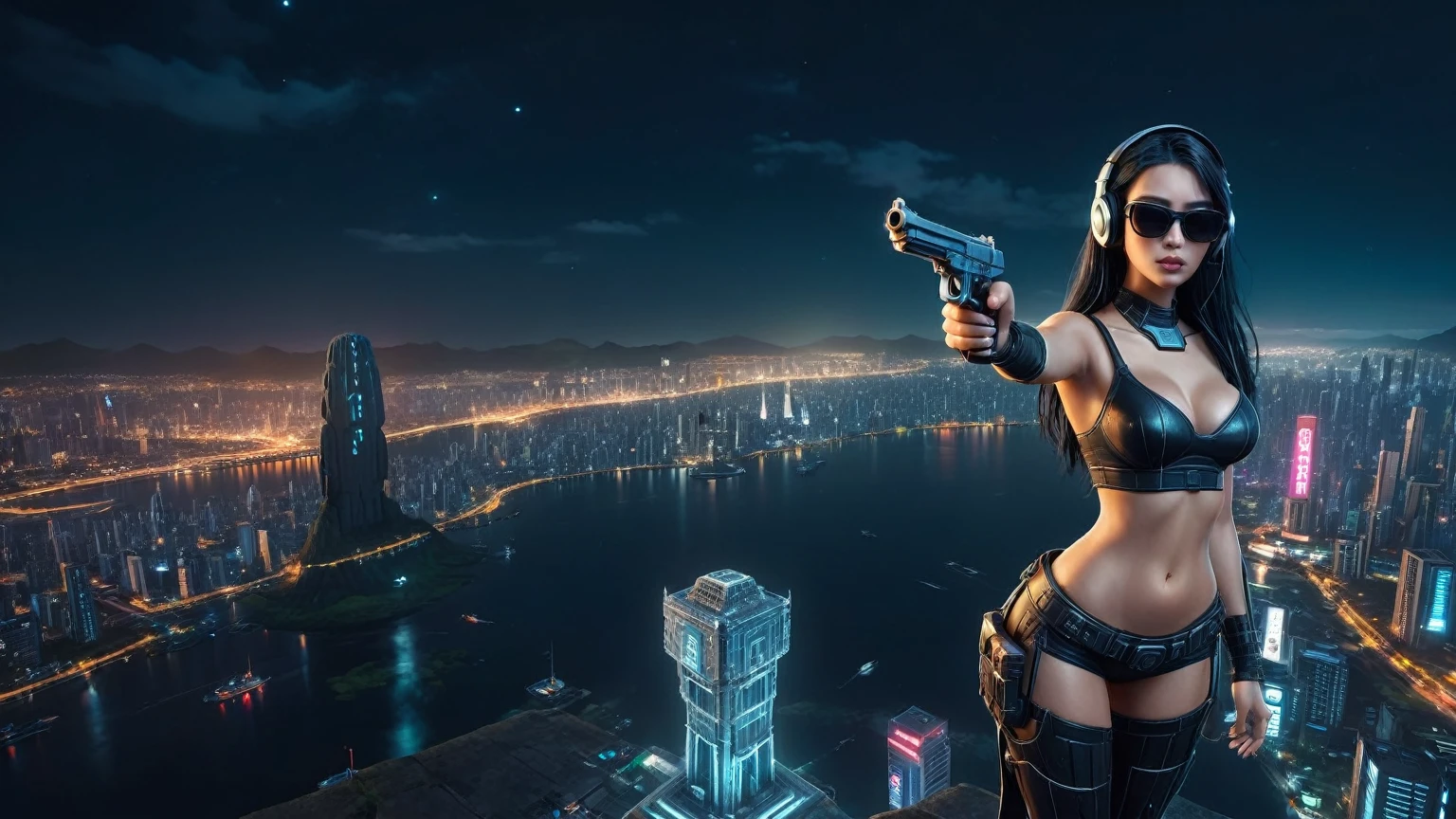 At night, dark sky, distant shot aerial view of fantasy cyberpunk style ((Moai-statue)) city, ((flying vehicle)). ((1girl, solo, alone)), medium-breast:1.1 slim body, cleavage, sexy clothes, (headphone, black sunglasses, long black realistic hair), (((hip-up standing and holding pistol))), half-body thigh level medium shot, cinematic lighting.