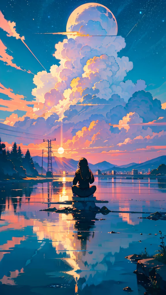 masterpiece, Exquisite detail,Highest quality, One girl, alone, handrail, cloud, buildings,Long Hair, zero, Long sleeve, Power lines, White footwear, Black Hair, Electric pole, bangs, cloudy zero, fish, bird, Green Eyes, Shorts, Day, Black Shirt, barefoot,Star,milky way,Meteors,Pitch black,Buildings,High quality anime art style,Standing painting,Splash ink background,Blue Themes,Clear Face,Distinct facial features,Fuji Mountain,Fuji Mountain,Buildings in Tokyo,Looking at me,View from behind,Shining Star々,milky way,sitting in water,Bright sky,Daytime,Looking straight ahead,Future City,train,Railroad crossing,sunset,A train running on the tracks,the sun and the moon