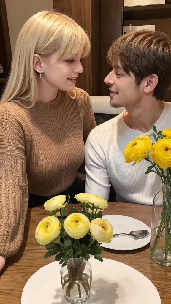 Yellow ranunculus in a vase on a dining table, Caucasian blonde couple toasting with red wine while eating, My husband is wearing a white shirt, My wife is wearing a brown sweater.
