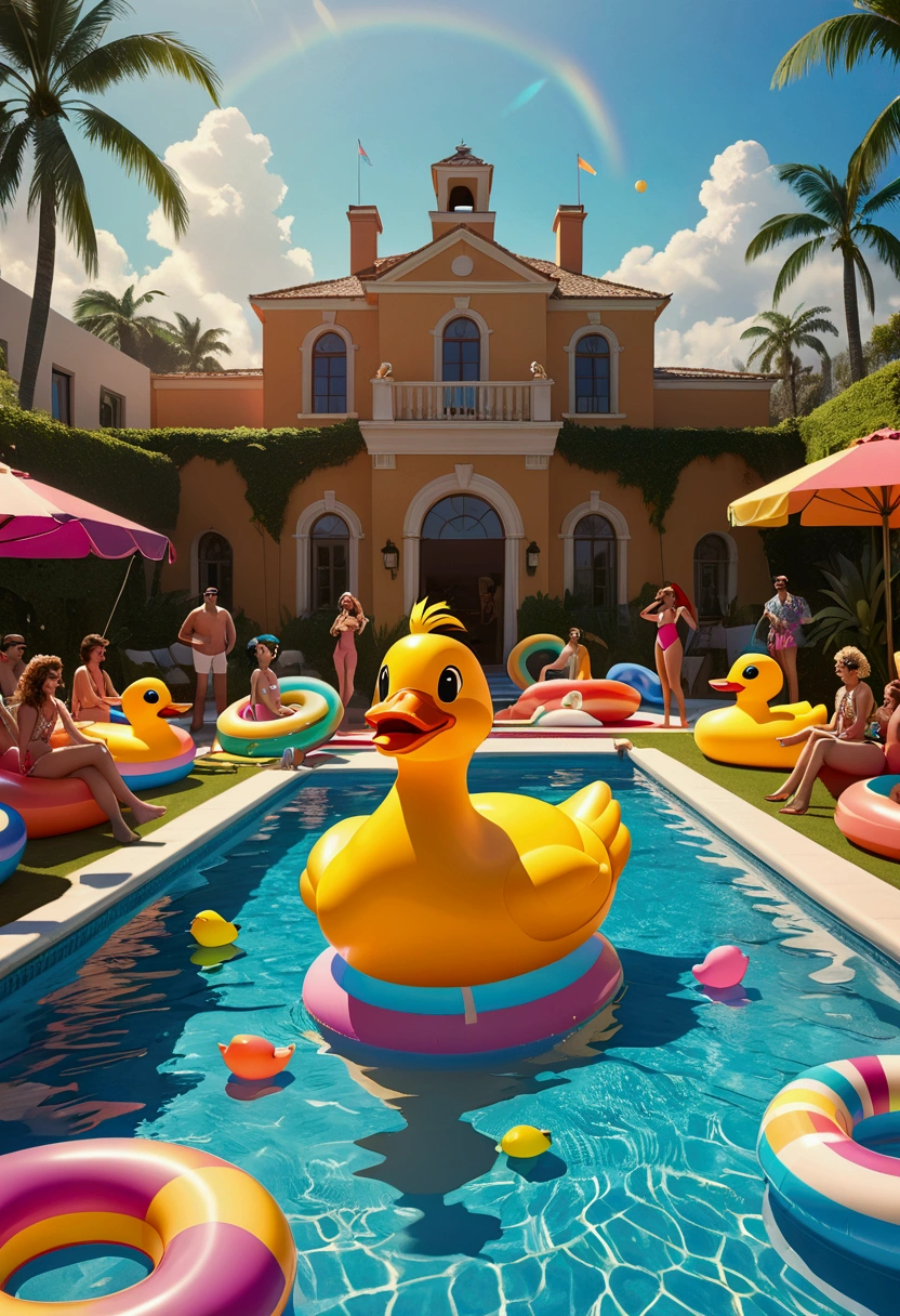 (Pool parties), Pixar style, A retro themed pool with inflatable giant duck toys and rainbow swim rings floating in the pool, featuring 80s elements and a music DJ playing rock music, full body, (Photography), panoramic view, award-winning, cinematic still, emotional, vignette, dynamic, vivid, (masterpiece, best quality, Professional, perfect composition, very aesthetic, absurdres, ultra-detailed, intricate details:1.3)