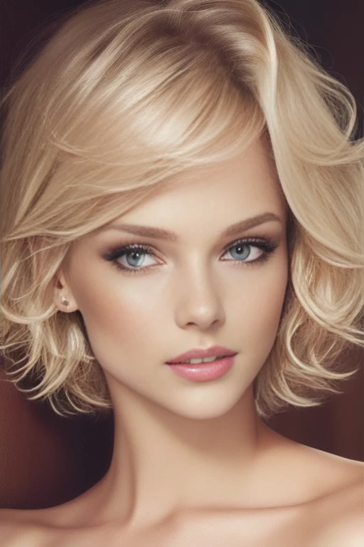 Medium close up image of a blond woman with short hair and posing for a picture, blonde short hair, short blonde hair, short blond hair, short wavy blond hair, blonde and attractive features, blond bob haircut, a gorgeous blonde, medium short hair, short curly blonde haired girl, with short hair, a girl with blonde hair, short blonde hair with bangs. Naked, nude. BBIC. Perfecteyes eyes.
