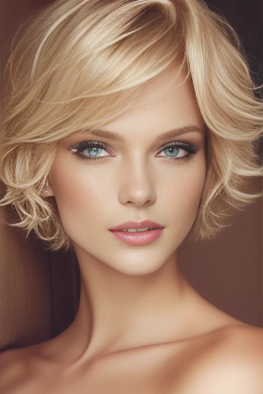 Medium close up image of a blond woman with short hair and posing for a picture, blonde short hair, short blonde hair, short blond hair, short wavy blond hair, blonde and attractive features, blond bob haircut, a gorgeous blonde, medium short hair, short curly blonde haired girl, with short hair, a girl with blonde hair, short blonde hair with bangs.  Naked, nude.  BBIC.  Perfecteyes eyes.