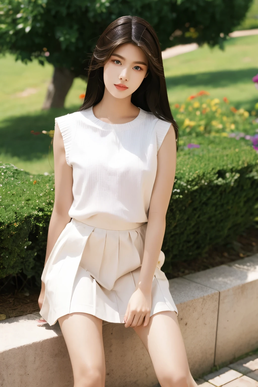 Beautiful woman with perfect body：1.4，Layered Hairstyle，Highly detailed face and skin textures，Double eyelids，Skin Whitening，Long hair，Whitened long legs，full-body shot，Pleated Skirt