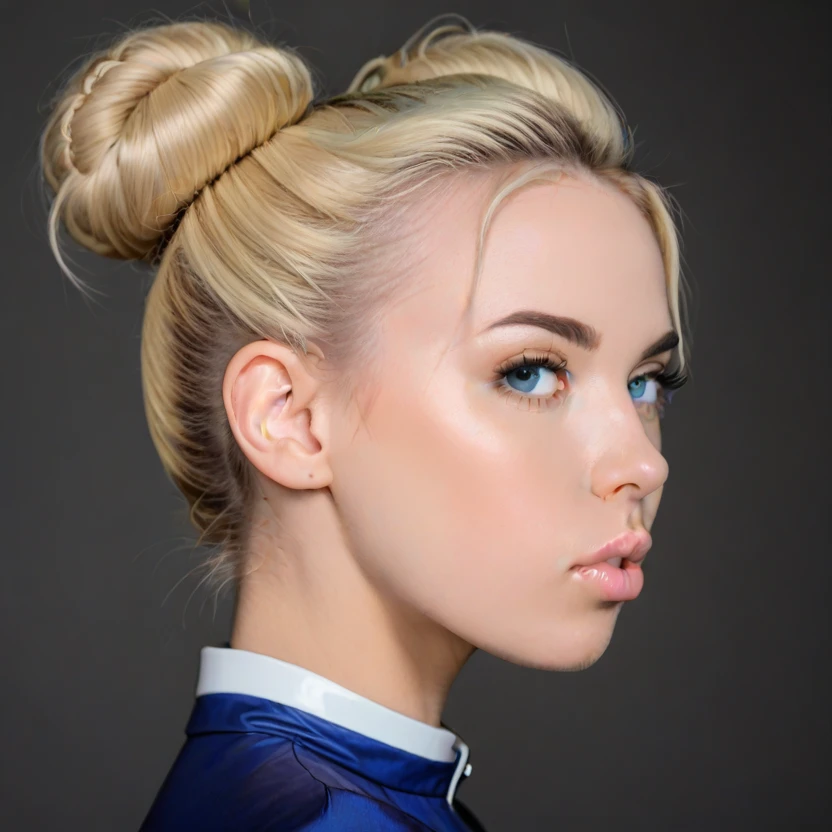 Destini, ebony woman , Abstract style forced woman , juicy lips , portrait++, frontal [side] view , perfect eyes, looking at viewer, 
platinum blonde hair, side double bun,  . Non-representational, colors and shapes, expression of feelings, imaginative, highly detailed