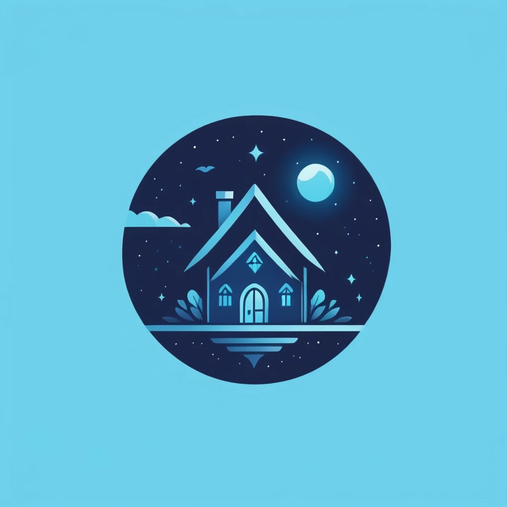 A logo with a fantastic family house full of magic, minimalist, Dark blue, light blue and turquoise.