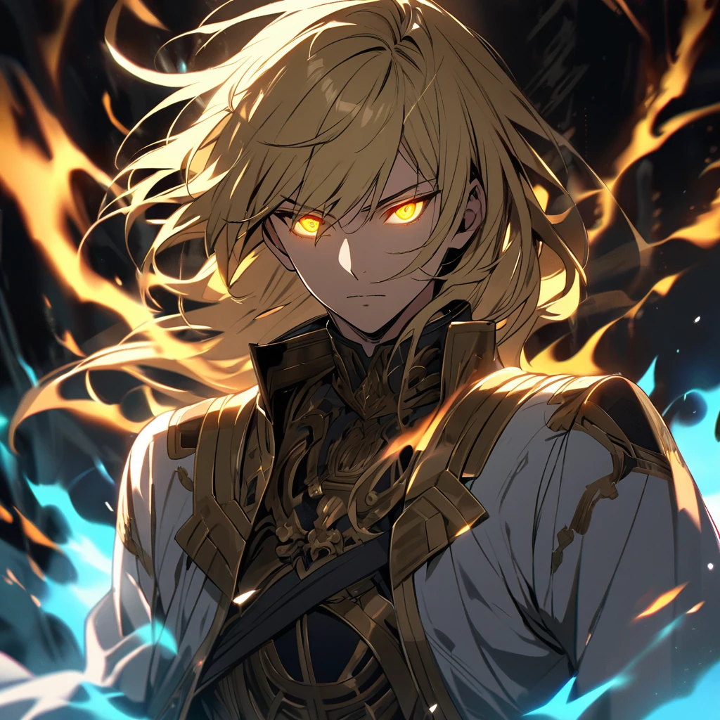 male, solo, handsome, blond hair, god, god eyes, glowing eyes, light, aura, holo, golden eyes, holo