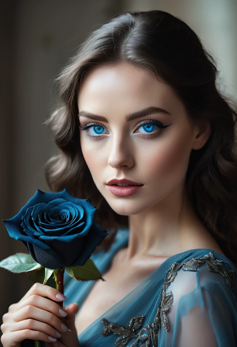 a woman with blue eyes, flawless skin, half body shot, holding a black rose, whimsical photography style, captured with an Arriflex 35BL camera using Canon K25 prime lenses, cinematic, dramatic lighting, ultra clear, breathtaking surreal masterpiece.
