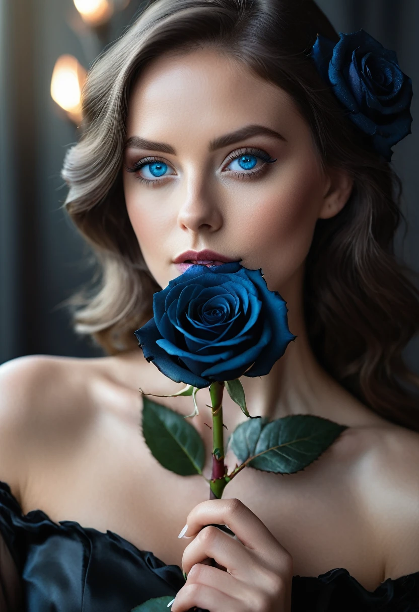 a woman with blue eyes, flawless skin, half body shot, holding a black rose, whimsical photography style, captured with an Arriflex 35BL camera using Canon K25 prime lenses, cinematic, dramatic lighting, ultra clear, breathtaking surreal masterpiece.
