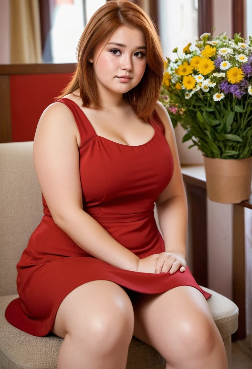 girl, , chubby,with red dress with flowers, russet hair, and brown eyes, best qualityer,sitting, looking very human 