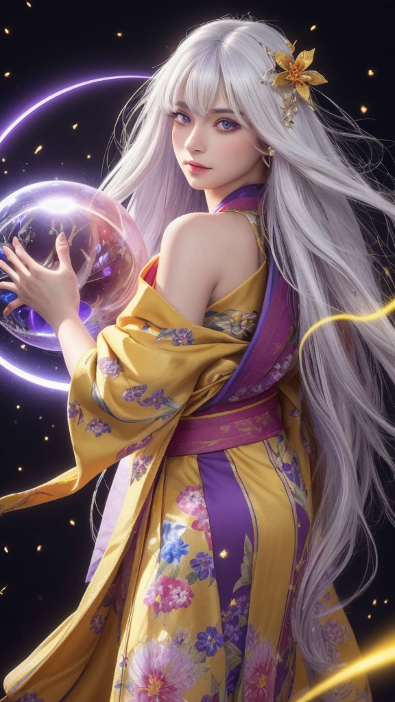 (masterpiece:1.3),(8k,photorealistic,raw photo,best quality:1.4),(one girl),beautiful face,(realistic face),(long hair),(silver hair,almost white hair,shiny hair,beautiful straight hair),(even bangs),(sharp bangs),straight hairstyle,realistic eyes,beautiful detailed eyes(purple eyes),(sharp eyes),(realistic skin),beautiful skin,(kimono),(magician-like kimono),(floral hair ornament),attractive,ultra high resolution,ultra realistic,highly detailed,golden ratio,colourful background,(flowers blooming),(energy dancing background),magician,facing forward,looking straight ahead,shoulders facing towards you,holding a crystal ball