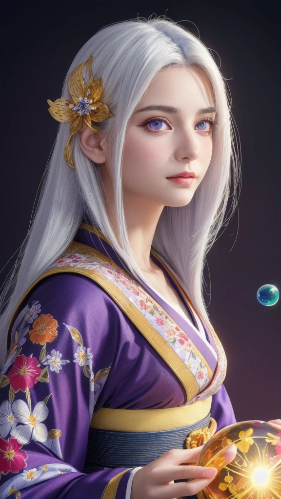 (masterpiece:1.3),(8k,photorealistic,raw photo,best quality:1.4),(one girl),beautiful face,(realistic face),(long hair),(silver hair,almost white hair,shiny hair,beautiful straight hair),(even bangs),(sharp bangs),straight hairstyle,realistic eyes,beautiful detailed eyes(purple eyes),(sharp eyes),(realistic skin),beautiful skin,(kimono),(magician-like kimono),(floral hair ornament),attractive,ultra high resolution,ultra realistic,highly detailed,golden ratio,colourful background,(flowers blooming),(energy dancing background),magician,facing forward,looking straight ahead,shoulders facing towards you,holding a crystal ball