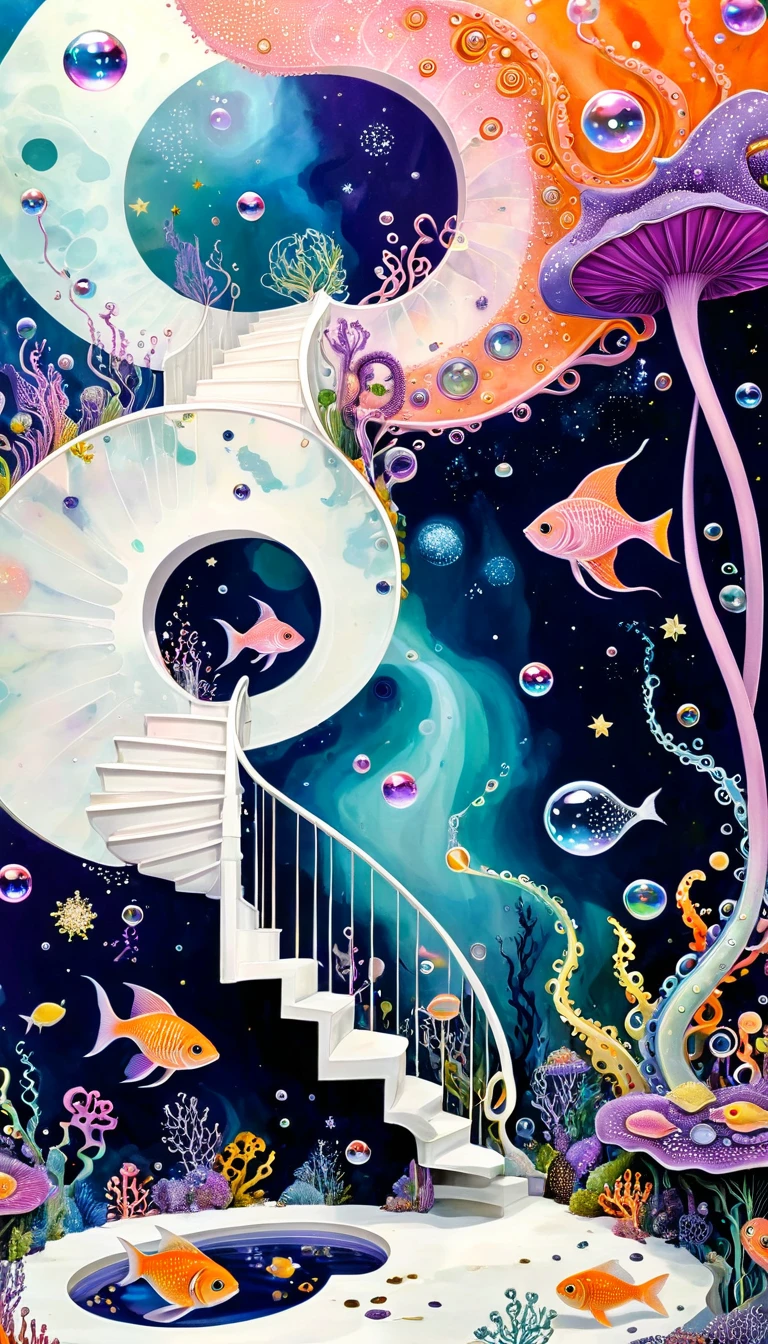 "Dick Ellescas Artist Style",Transparent pool,沐浴的章fish,Starry Sky、fish、Tentacles、bird、Eye、Soap bubbles,diatom,Spiral Staircase,Stitching together an abstract painting,Sense of space,White Space,interesting,Innocence,Psychedelic Art,Pink theme,Bold contrasts,Purple and Orange