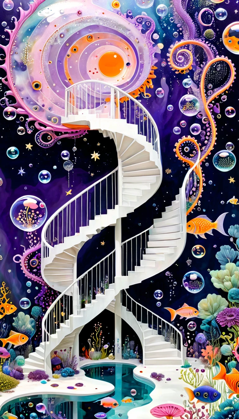 "Dick Ellescas Artist Style",Transparent pool,沐浴的章fish,Starry Sky、fish、Tentacles、bird、Eye、Soap bubbles,diatom,Spiral Staircase,Stitching together an abstract painting,Sense of space,White Space,interesting,Innocence,Psychedelic Art,Pink theme,Bold contrasts,Purple and Orange