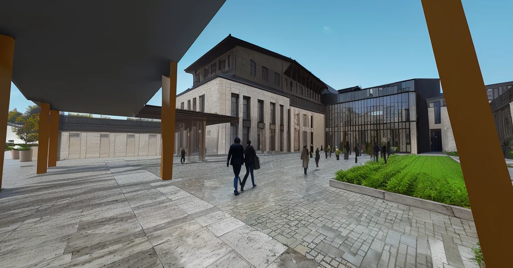rendering of a courtyard with people walking around and a building, digital rendering, conceptual rendering, artists impression, detailed rendering, architectural render, make this render photorealistic and masterpiece-like use warm lighting