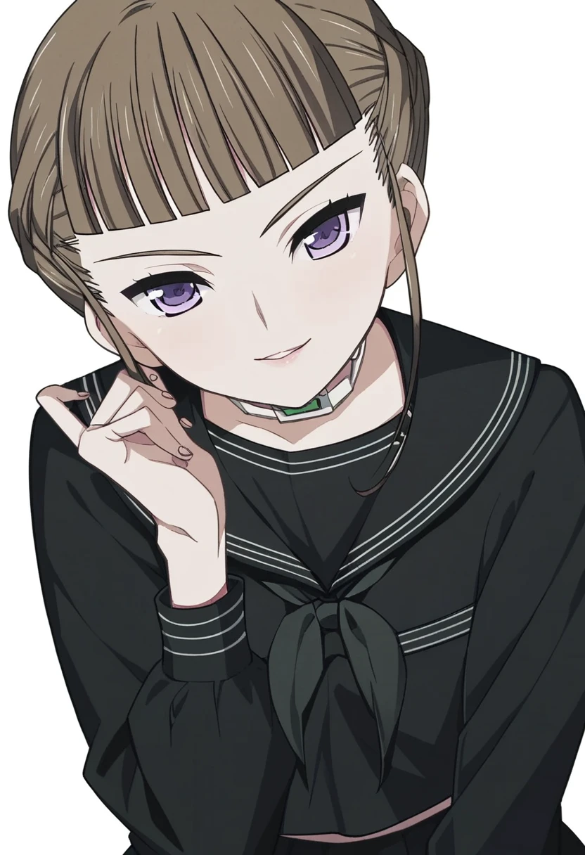 score_9, score_8_up, score_7_up, 
1girl, manaka nemu, blunt bangs, brown hair, short hair, french braid, purple eyes,

white background, face,
narrowed eyes, looking at viewer, smile, 
black serafuku,