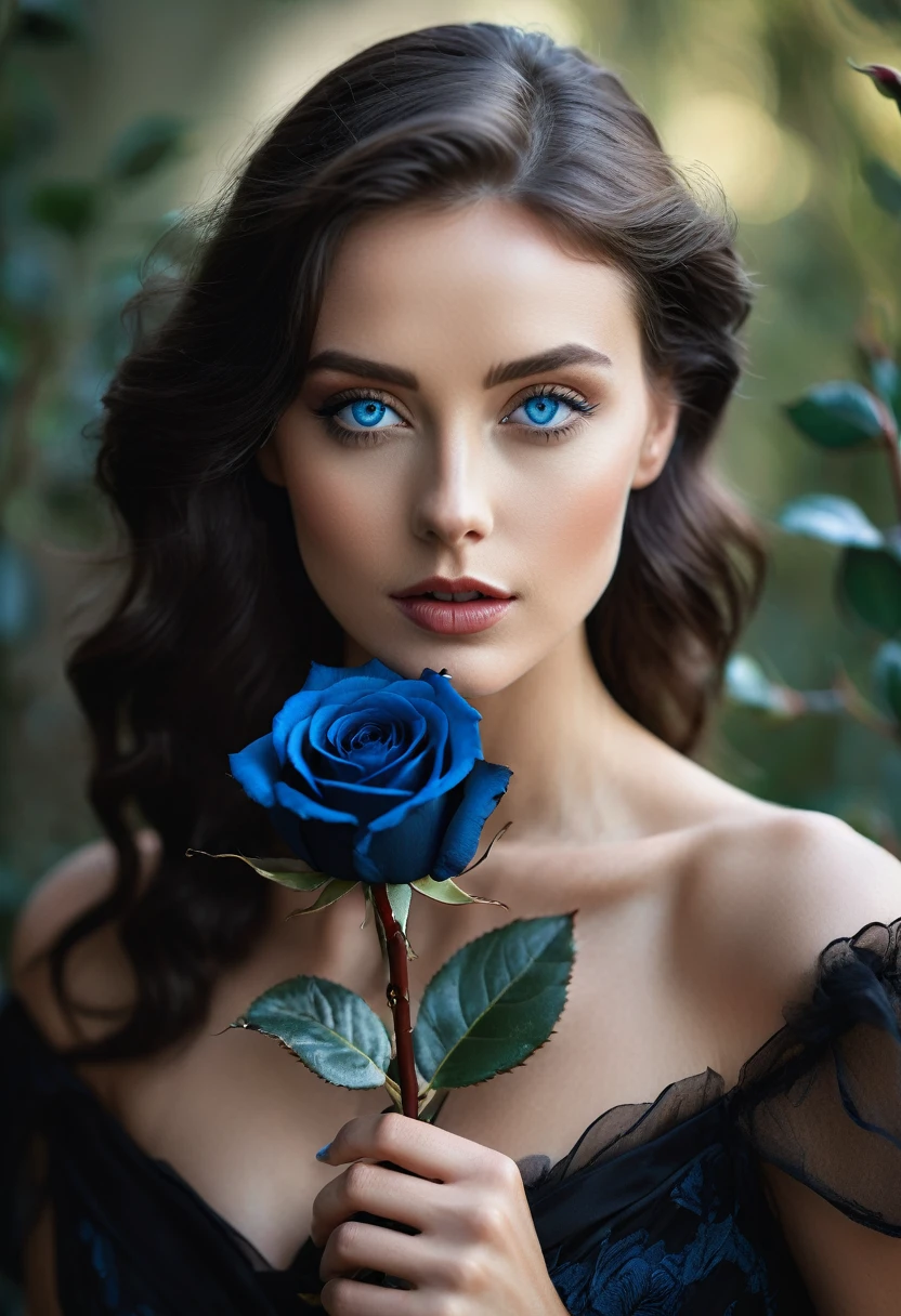 a woman with blue eyes, flawless skin, half body shot, holding a black rose, whimsical photography style, captured with an Arriflex 35BL camera using Canon K25 prime lenses, cinematic, dramatic lighting, ultra clear, breathtaking surreal masterpiece.