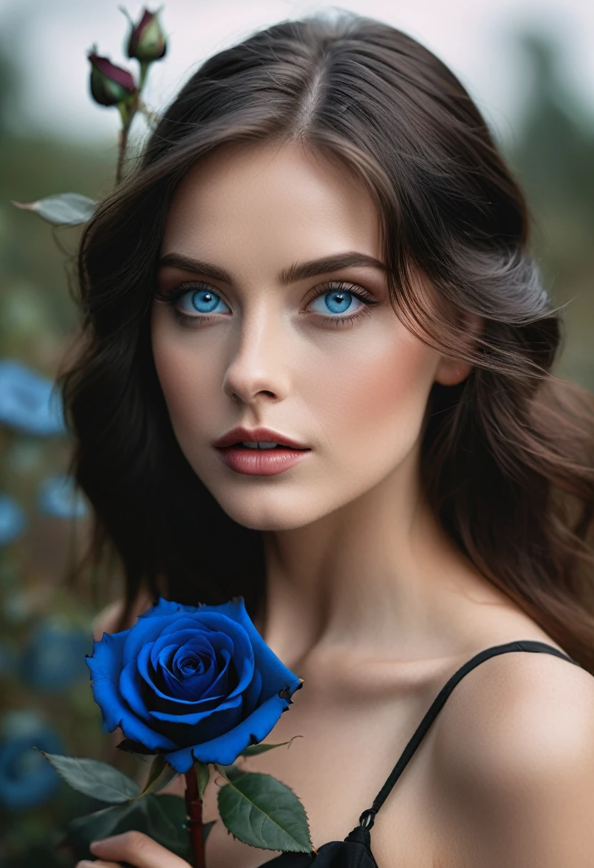 a woman with blue eyes, flawless skin, half body shot, holding a black rose, whimsical photography style, captured with an Arriflex 35BL camera using Canon K25 prime lenses, cinematic, dramatic lighting, ultra clear, breathtaking surreal masterpiece.