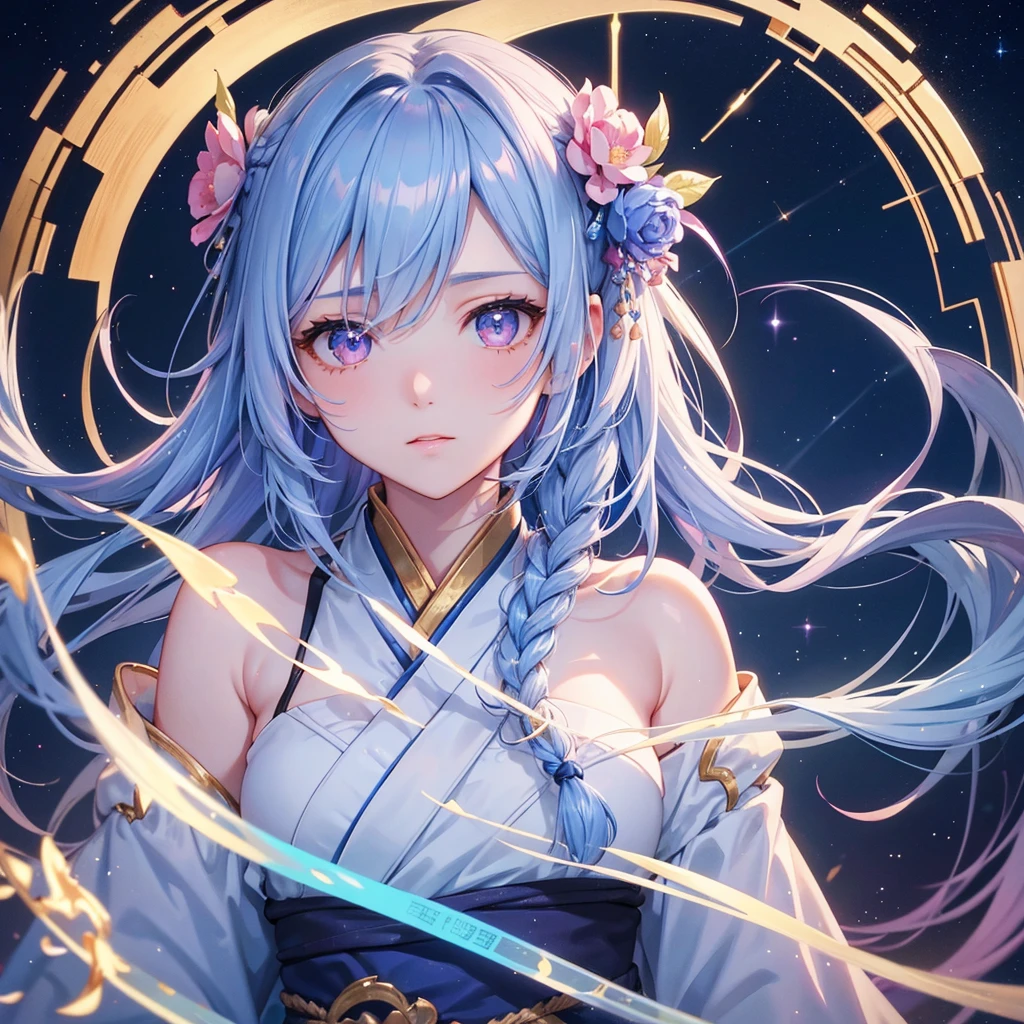 (Sky blue one braid hair),Pink Eyes,Fair skin ,(whole body),(One girl),Hanfu,(The beautiful, sparkling Milky Way in the night sky),Lonely Eyes,,(masterpiece, Highest quality, Very detailed, Best Shadow), (Detailed Background), (Beautifully detailed face), High Contrast, (Best lighting, Very delicate and beautiful), ((Cinematic Light)), colorful, Hyper Detail, Dramatic Light, Intricate details,