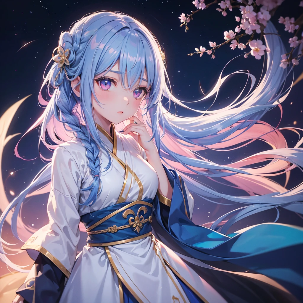 (Sky blue one braid hair),Pink Eyes,Fair skin ,(whole body),(One girl),Hanfu,(The beautiful, sparkling Milky Way in the night sky),Lonely Eyes,,(masterpiece, Highest quality, Very detailed, Best Shadow), (Detailed Background), (Beautifully detailed face), High Contrast, (Best lighting, Very delicate and beautiful), ((Cinematic Light)), colorful, Hyper Detail, Dramatic Light, Intricate details,