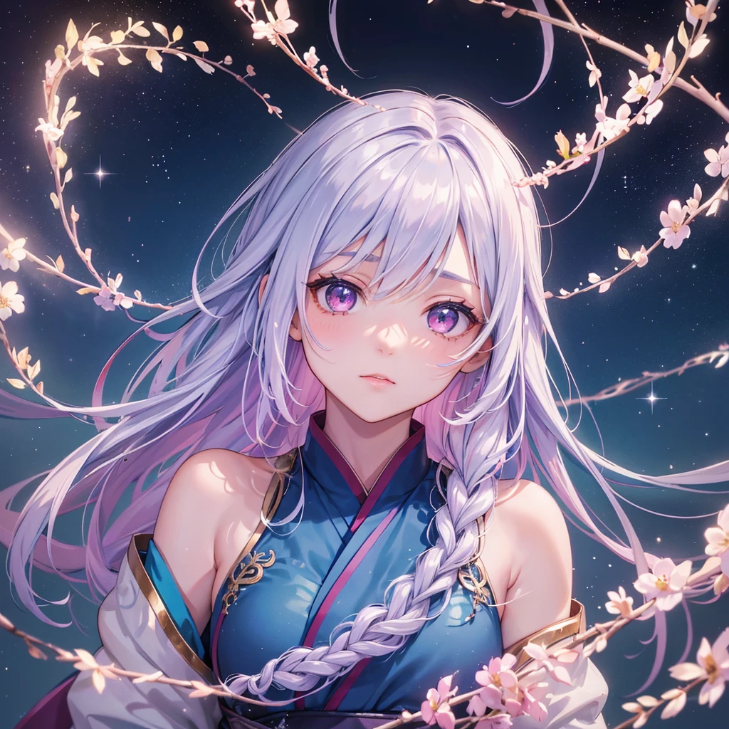 (Sky blue one braid hair),Pink Eyes,Fair skin ,(whole body),(One girl),Hanfu,(The beautiful, sparkling Milky Way in the night sky),Lonely Eyes,,(masterpiece, Highest quality, Very detailed, Best Shadow), (Detailed Background), (Beautifully detailed face), High Contrast, (Best lighting, Very delicate and beautiful), ((Cinematic Light)), colorful, Hyper Detail, Dramatic Light, Intricate details,