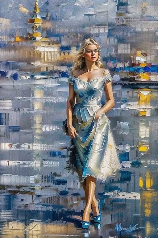 Masterpiece cinematic photo, photograph cinematic photo a russian beauty ,big blue eyes, blonde, ultra detailed, ultra sharp, ((best quality, симметрия)), ((masterpiece)), Stands on the embankment of Moscow.  cityscape background, photograph, film, bokeh, professional, 16k , oil painting, 