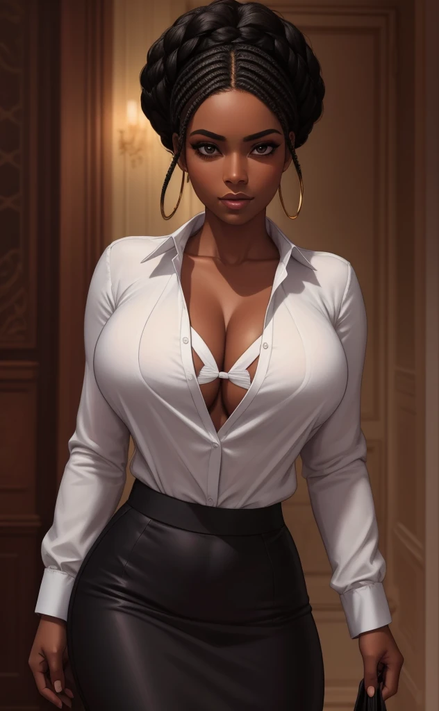 a beautiful black woman in a white silk shirt with a deep v-neck, wearing a business suit, a red lace bra peeking through, and a pencil skirt, with black afro cornrows hairstyle, (best quality,4k,8k,highres,masterpiece:1.2),ultra-detailed,(realistic,photorealistic,photo-realistic:1.37),intricate details,dramatic lighting,chiaroscuro,high fashion editorial,glamorous,cinematic
