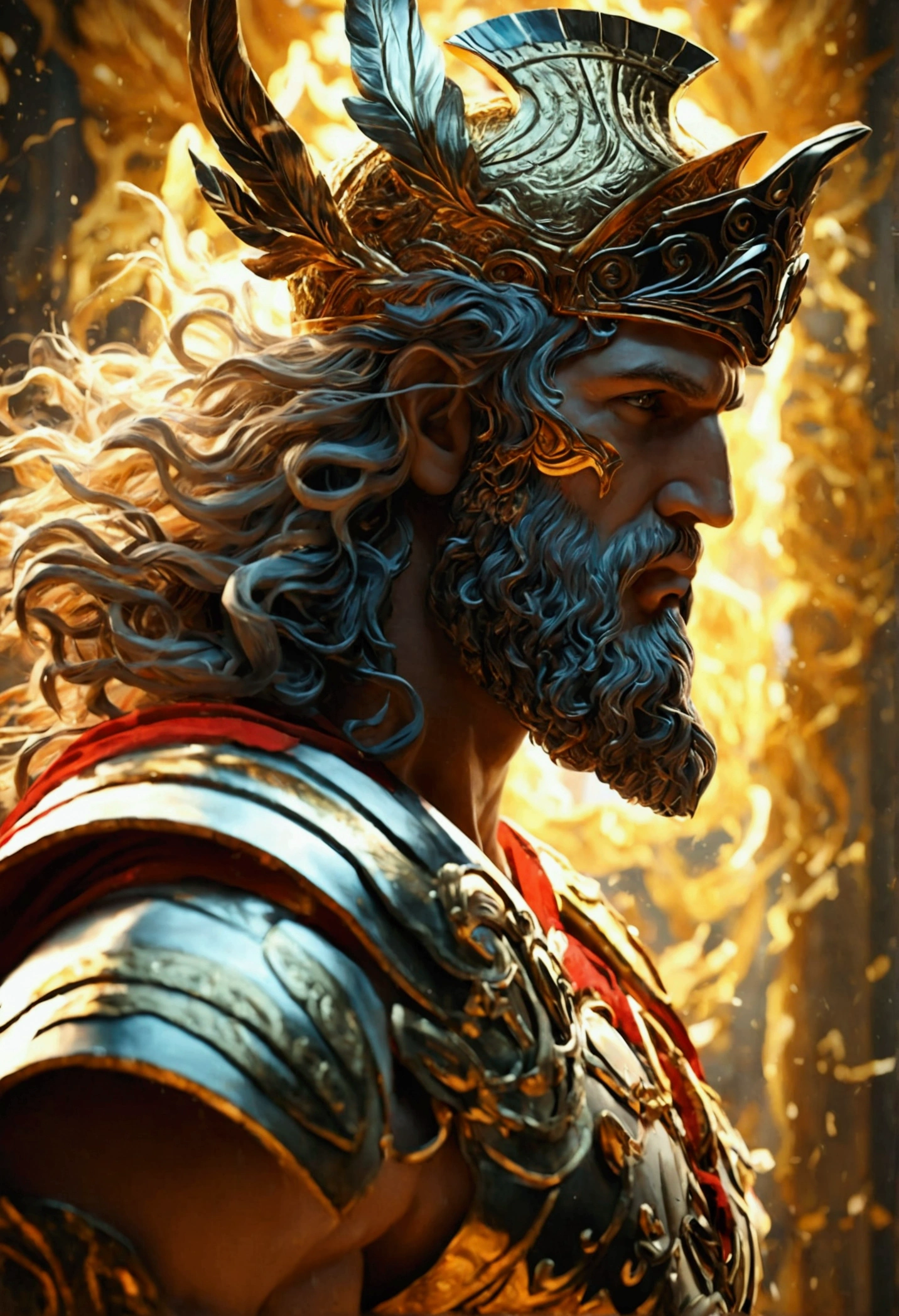 in this painting, I imagine the representation of a Greek god, Ares, with a powerful and majestic presence. The prompt should capture the essence of this theme, highlighting the main elements, texturas, Additional Detail, image quality, artwork style, tone of heart, and lighting. Make sure the prompt follows the format provided and includes at least 5 specific details related to the topic. Here is an example of what the prompt could look like:

"Powerful Greek God (Ares), with detailed, chiseled features, intense and penetrating eyes, sculpted facial structure, and a fierce expression. The god is depicted in a classical sculpture medium, showcasing intricate marble texturas and lifelike details. The Additional Detail include a flowing cape draping gracefully over the god's broad shoulders, a shining golden armor adorned with intricate engravings, and a mighty spear held firmly in his hand. The image quality should be of the highest standards, with ultra detali rendering and professional craftsmanship to create a photo-realistic masterpiece (best qualityer, 4K, high resolution, ultra detali:1.2). The artwork style should reflect the grandeur and power associated with Greek mythology, combining elements of classical sculptures and contemporary conceptual artists. The tone of heart should be rich and vibrant, incorporating deep shades of gold, cobre, and crimson to enhance the royal aura. Lighting should be dramatic, emphasizing the god&#39;s imposing presence with strategically placed spotlights, casting dynamic shadows and highlights to accentuate the sculptural form."