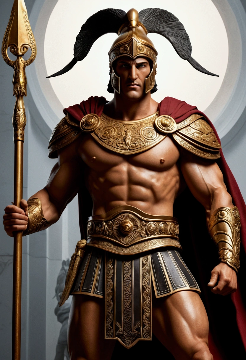 in this painting, I imagine the representation of a Greek god, Ares, with a powerful and majestic presence. The prompt should capture the essence of this theme, highlighting the main elements, texturas, Additional Detail, image quality, artwork style, tone of heart, and lighting. Make sure the prompt follows the format provided and includes at least 5 specific details related to the topic. Here is an example of what the prompt could look like:
"Powerful Greek God (Ares), with detailed, chiseled features, intense and penetrating eyes, sculpted facial structure, and a fierce expression. The god is depicted in a classical sculpture medium, showcasing intricate marble texturas and lifelike details. The Additional Detail include a flowing cape draping gracefully over the god's broad shoulders, a shining golden armor adorned with intricate engravings, and a mighty spear held firmly in his hand. The image quality should be of the highest standards, with ultra detali rendering and professional craftsmanship to create a photo-realistic masterpiece (best qualityer, 4K, high resolution, ultra detali:1.2). The artwork style should reflect the grandeur and power associated with Greek mythology, combining elements of classical sculptures and contemporary conceptual artists. The tone of heart should be rich and vibrant, incorporating deep shades of gold, cobre, and crimson to enhance the royal aura. Lighting should be dramatic, emphasizing the god's imposing presence with strategically placed spotlights, casting dynamic shadows and highlights to accentuate the sculptural form."